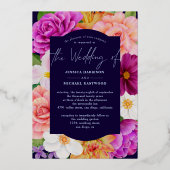 パープルピンクダークブルーバラ金ゴールド結婚フローラ 箔招待状 (裏面)