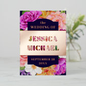 パープルピンクダークブルーバラ金ゴールド結婚フローラ 箔招待状 (立ち正面)