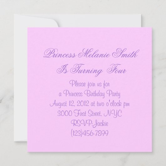 パープルピンクツツプリンセス誕生日パーティーの招待 招待状 (裏面)
