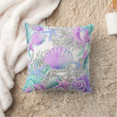 パープルピンクティール(緑がかった色)とホワイトシーシェル クッション (ブランケット)