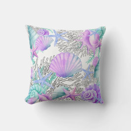 パープルピンクティール（緑がかった色）とホワイトシーシェル クッション