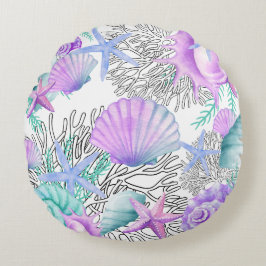 パープルピンクティール（緑がかった色）とホワイトシーシェル ラウンドクッション