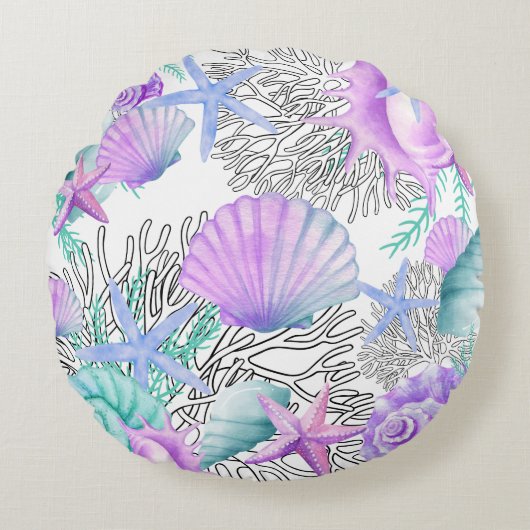 パープルピンクティール（緑がかった色）とホワイトシーシェル ラウンドクッション (正面)