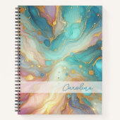 パープルピンクティール(緑がかった色)アクアブルー金ゴールド大理石アートパターン ノートブック (正面)