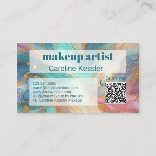 パープルピンクティール（緑がかった色）アクアブルー金ゴールド大理石アートパターン 名刺 (裏面)