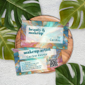 パープルピンクティール（緑がかった色）アクアブルー金ゴールド大理石アートパターン 名刺