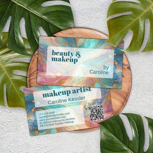 パープルピンクティール(緑がかった色)アクアブルー金ゴールド大理石アートパターン 名刺