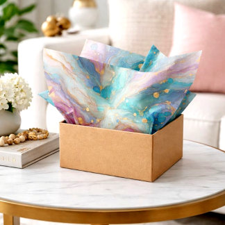 パープルピンクティール（緑がかった色）アクアブルー金ゴールド大理石アートパターン 薄葉紙