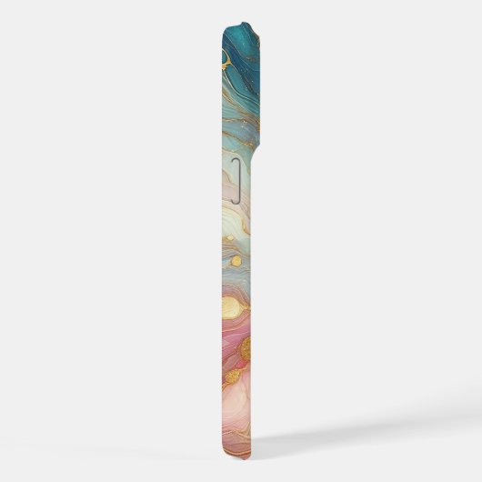 パープルピンクティール(緑がかった色)アクアブルー金ゴールド大理石アートパターン iPhoneケース (右側面)