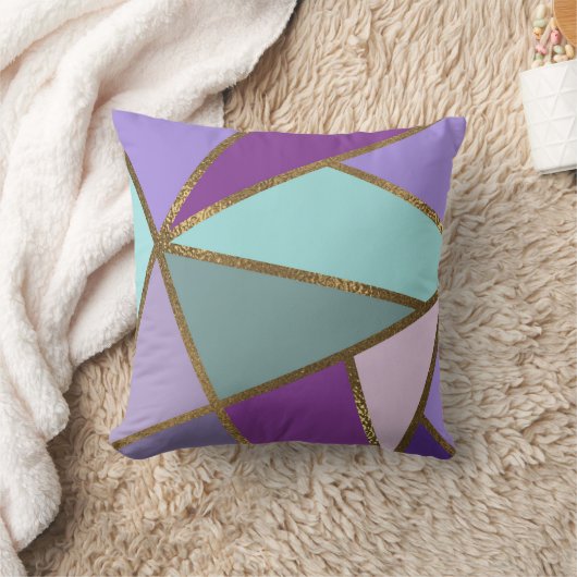 パープルピンクティール（緑がかった色）ターコイズ&ブロンズ金ゴールド幾何学模様 クッション (ブランケット)
