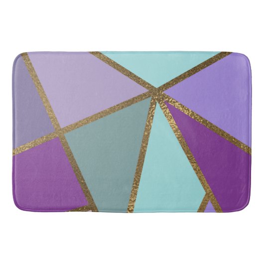 パープルピンクティール（緑がかった色）ターコイズ&ブロンズ金ゴールド幾何学模様 バスマット (正面)
