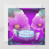 パープルピンクティール(緑がかった色)バタフライバースデーパーティー2 招待状 (正面)