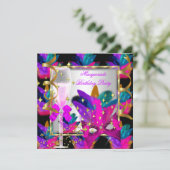 パープルピンクティール（緑がかった色）ブルーマスカレードパーティー誕生日 招待状 (スタンド正面)