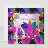 パープルピンクティール（緑がかった色）ブルーマスカレードパーティー誕生日 招待状 (正面)