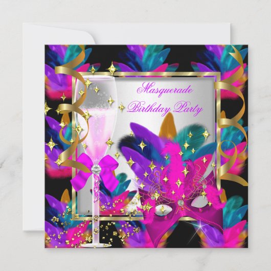 パープルピンクティール（緑がかった色）ブルーマスカレードパーティー誕生日 招待状 (正面)
