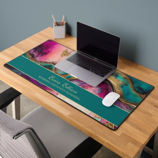 パープルピンクティール（緑がかった色）金ゴールドオフィスのビジネス名タイトル デスクマット (オフィス2)