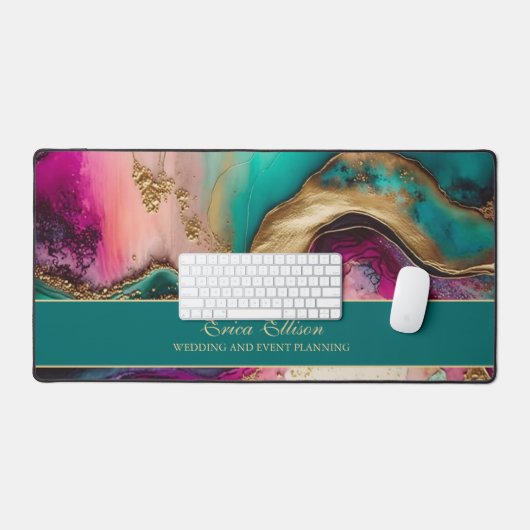 パープルピンクティール（緑がかった色）金ゴールドオフィスのビジネス名タイトル デスクマット (キーボード&マウス)