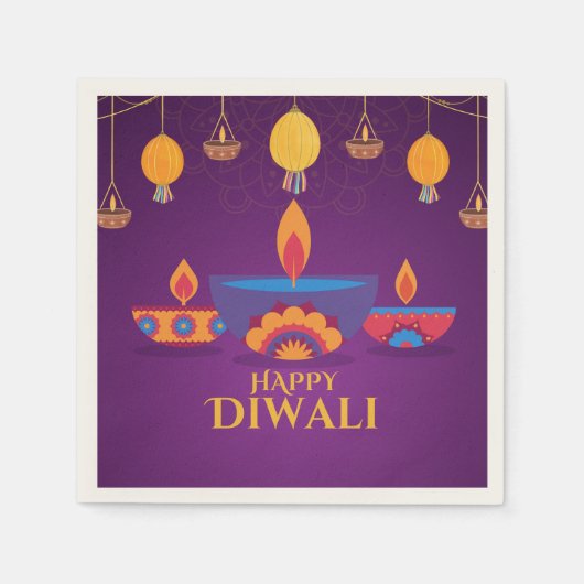 パープルピンクディワリライトイラストレーション スタンダードカクテルナプキン (正面)