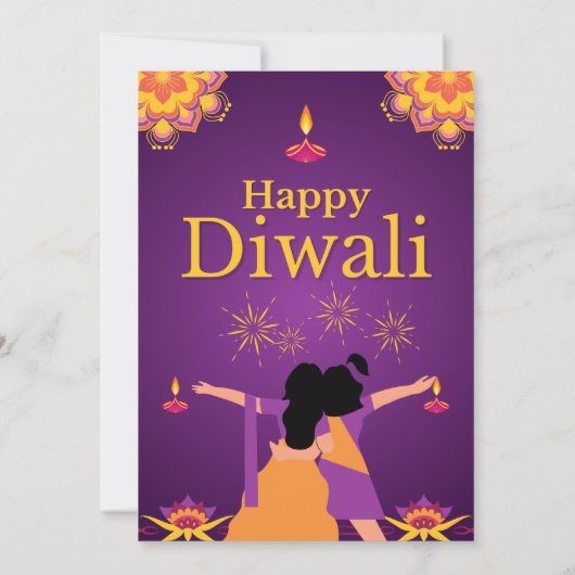 パープルピンクディワリライトイラストレーション 招待状 (裏面)