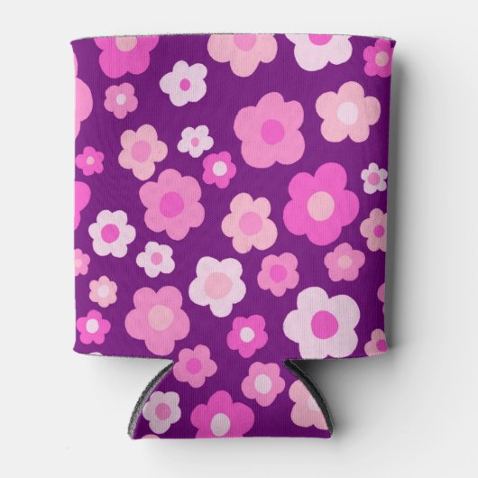 パープルピンクデイジーかわいいカラフルおもしろいフローラ 缶クーラー (正面)