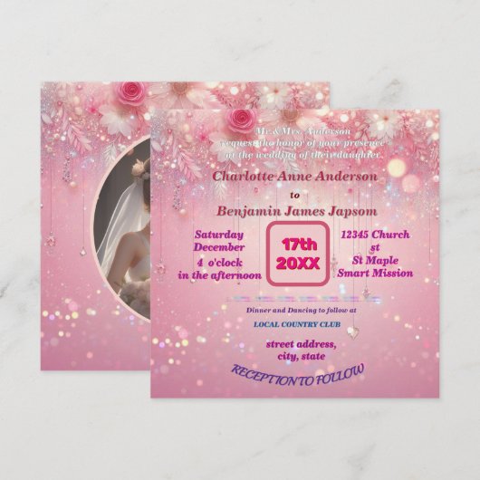 パープルピンクドリップフェイクグリッターフローラ 招待状 (正面/裏面)