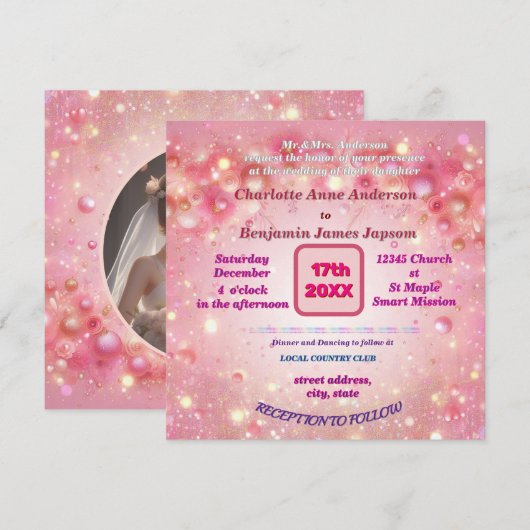 パープルピンクドリップフェイクグリッターフローラ 招待状 (正面/裏面)