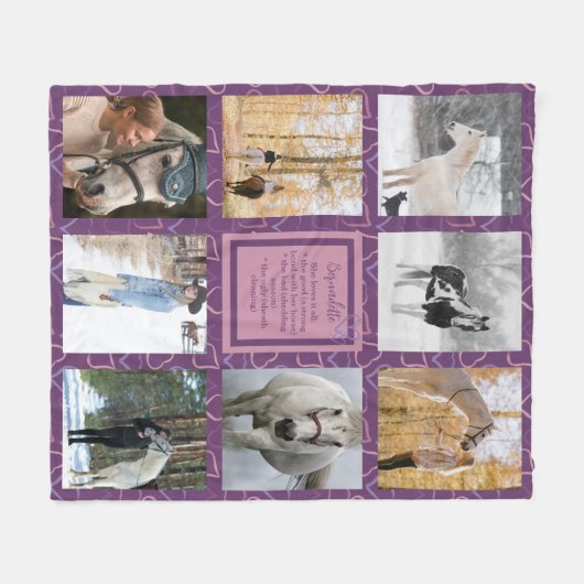 パープルピンクハートウマ科のフォトガール馬好き フリースブランケット (正面(横))