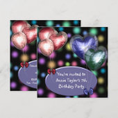 パープルピンクバルーンガールズ7歳誕生日パーティー 招待状 (正面/裏面)