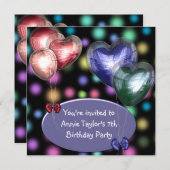 パープルピンクバルーン女の子7th誕生日パーティー 招待状 (正面/裏面)