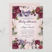 パープルピンクバーガンディフローラベビーシャワー 招待状 (正面/裏面)