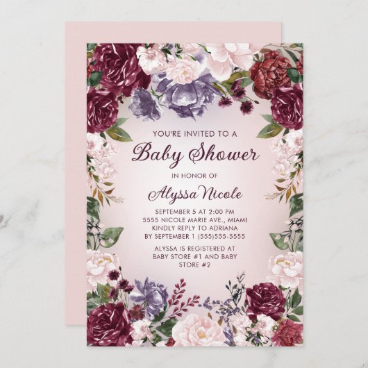 パープルピンクバーガンディフローラベビーシャワー 招待状 (正面/裏面)