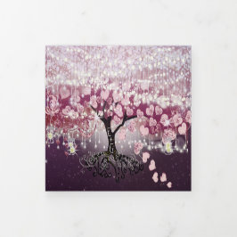 パープルピンクバーガンディーワインハートリーフ結婚ツリー 三つ折り招待状