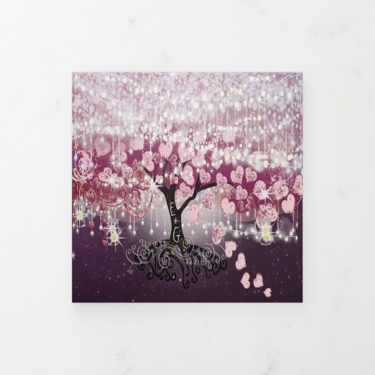 パープルピンクバーガンディーワインハートリーフ結婚ツリー 三つ折り招待状 (カバー)