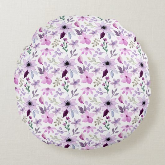 パープルピンクパステルフローラ花 ラウンドクッション (正面)