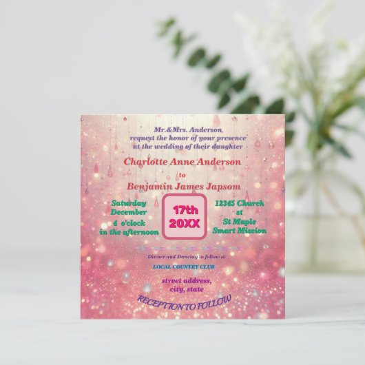 パープルピンクビーズカーテンフェイクグリッターフローラ 招待状 (スタンド正面)