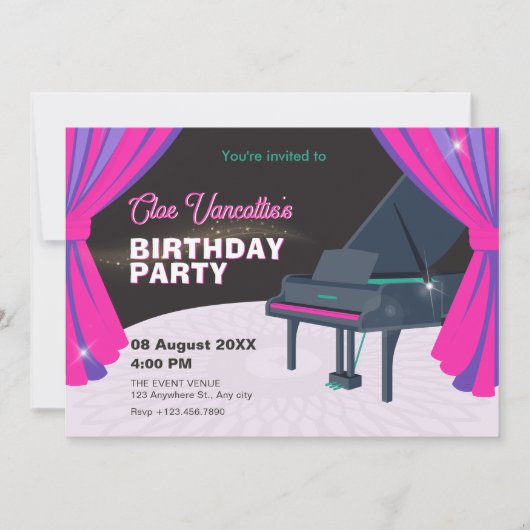 パープルピンクピアノステージ誕生日 招待状 (正面)