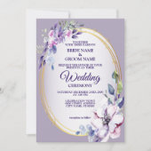 パープルピンクフローラウォーターカラーゴールデン結婚ズ 招待状 (正面)