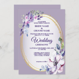 パープルピンクフローラウォーターカラーゴールデン結婚ズ 招待状