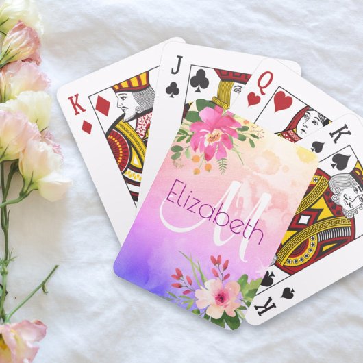 パープルピンクフローラウォーターカラーシックモダンモノグラム トランプ