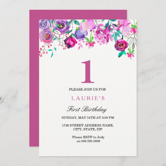 パープルピンクフローラガール1st誕生日招待状 招待状 (正面/裏面)