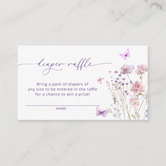パープルピンクフローラバタフライおむつラッフルチケット エンクロージャーカード (正面)