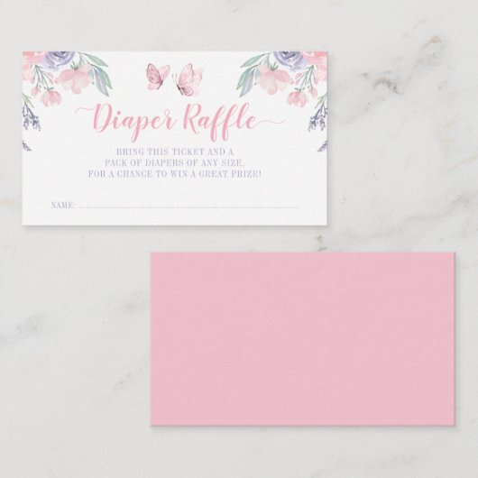 パープルピンクフローラバタフライおむつラッフルチケット エンクロージャーカード (正面/裏面)