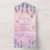 パープルピンクフローラバタフライガールベビーシャワー オールインワン招待状 (内側)