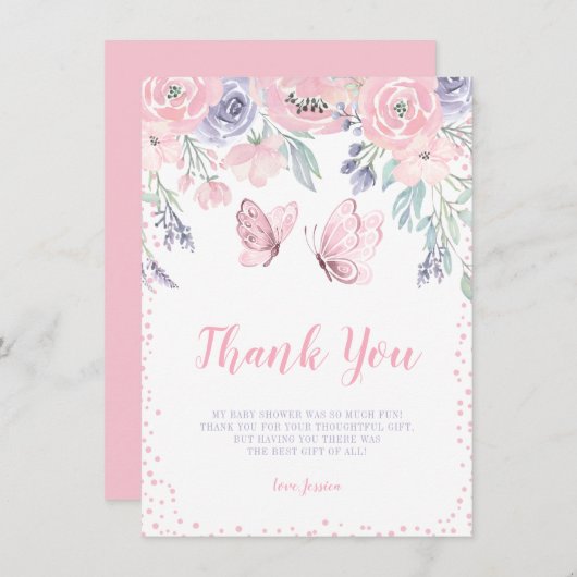 パープルピンクフローラバタフライガールベビーシャワー サンキューカード (正面/裏面)