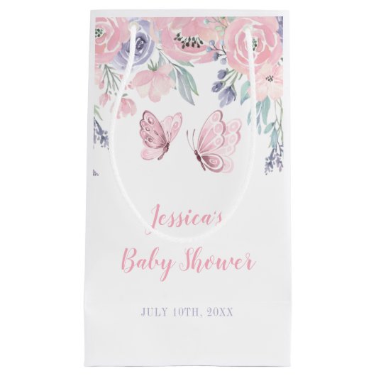 パープルピンクフローラバタフライガールベビーシャワー スモールペーパーバッグ (正面)