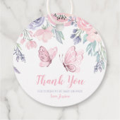 パープルピンクフローラバタフライガールベビーシャワー フェイバータグ (裏面)