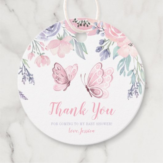 パープルピンクフローラバタフライガールベビーシャワー フェイバータグ (正面)