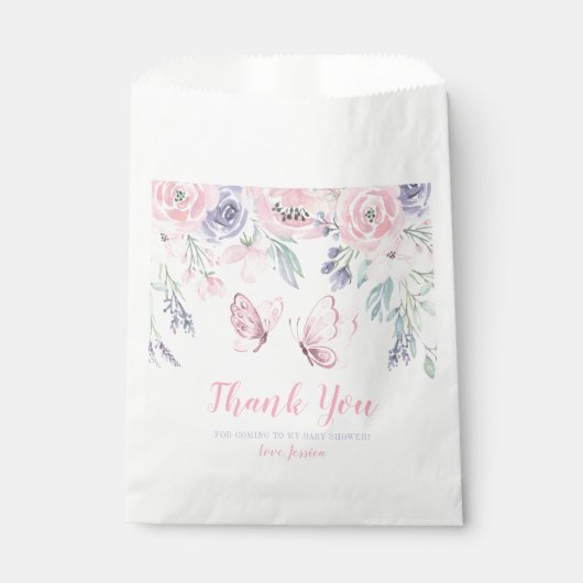 パープルピンクフローラバタフライガールベビーシャワー フェイバーバッグ (正面)