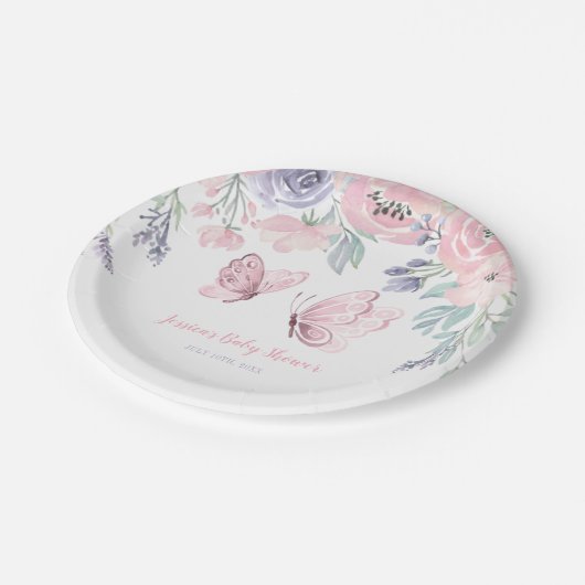 パープルピンクフローラバタフライガールベビーシャワー ペーパープレート (アングル)