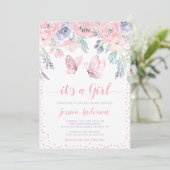 パープルピンクフローラバタフライガールベビーシャワー 招待状 (スタンド正面)